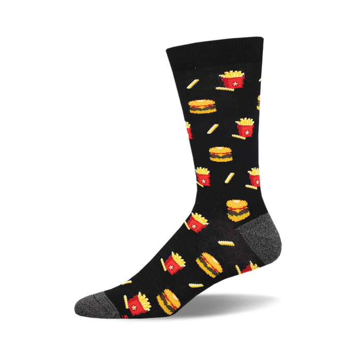 socks that are black with an all-over pattern of cheeseburgers and french fries. }}