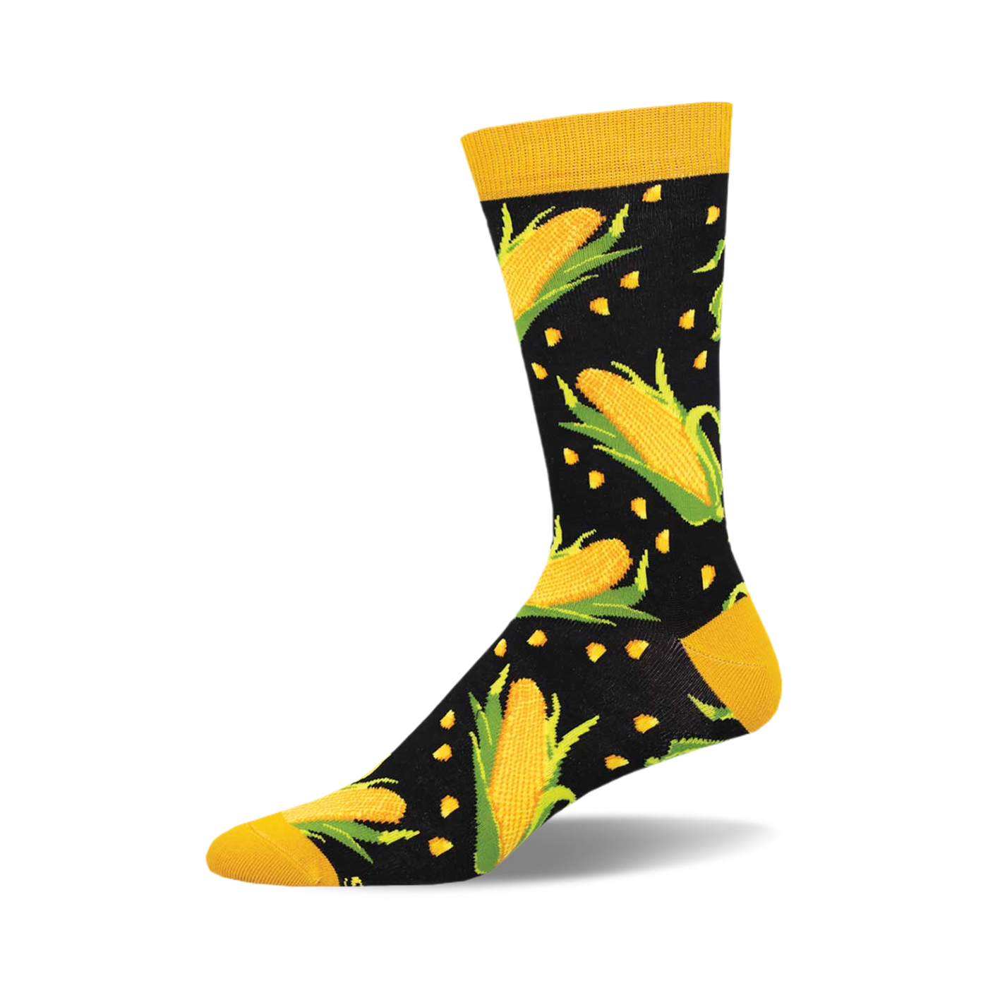 A-Maize-Ing Bamboo crew socks showcasing a whimsical design of yellow corn cobs and green leaves on a black background.  Mustard yellow cuffs.
