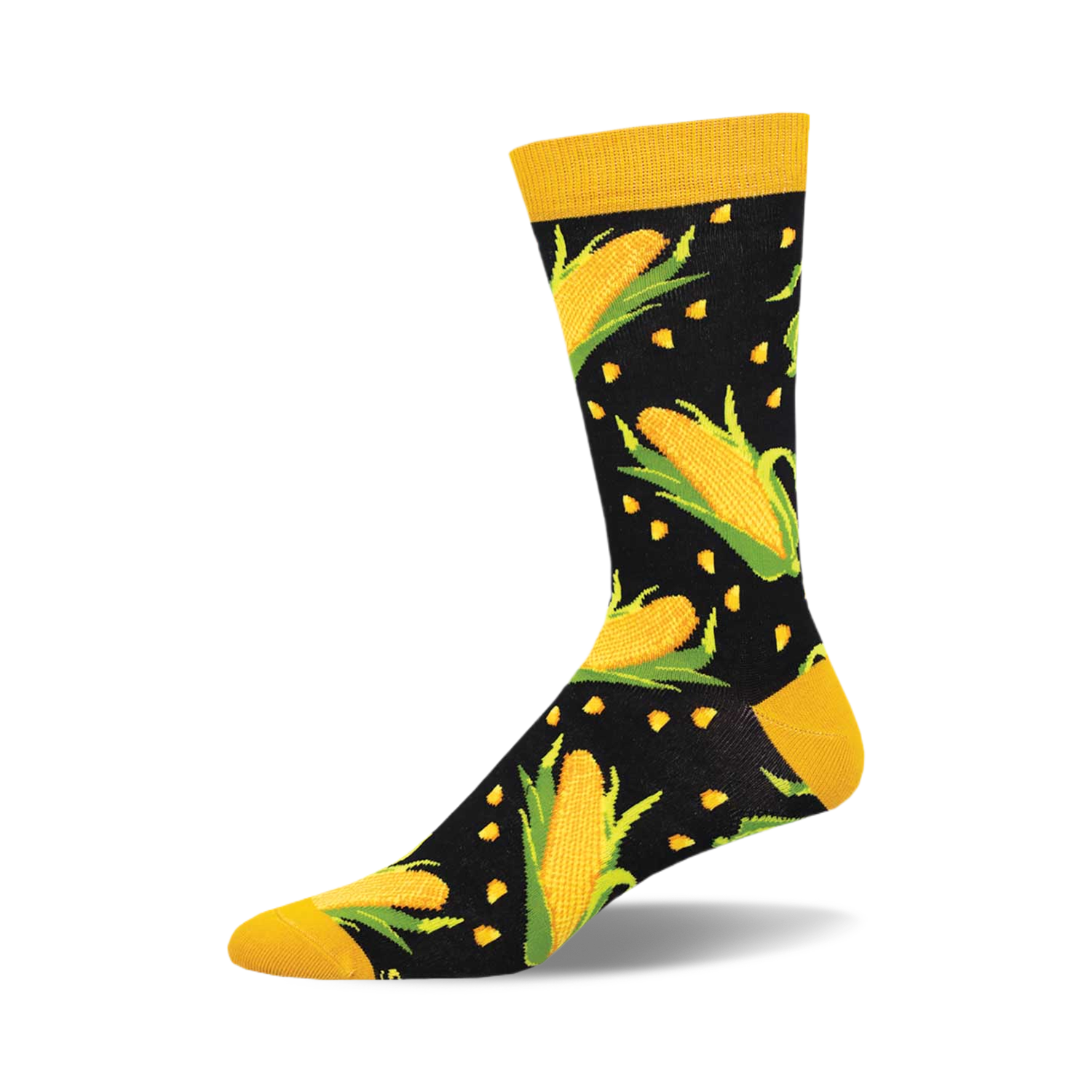 A-Maize-Ing Bamboo crew socks showcasing a whimsical design of yellow corn cobs and green leaves on a black background.  Mustard yellow cuffs.