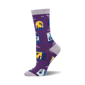 Purple crew socks with a repeating pattern of windows and silhouetted cats.  Yellow and blue accents. Made from bamboo.