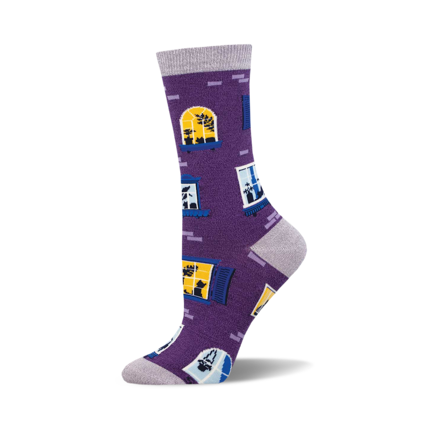Purple crew socks with a repeating pattern of windows and silhouetted cats.  Yellow and blue accents. Made from bamboo.