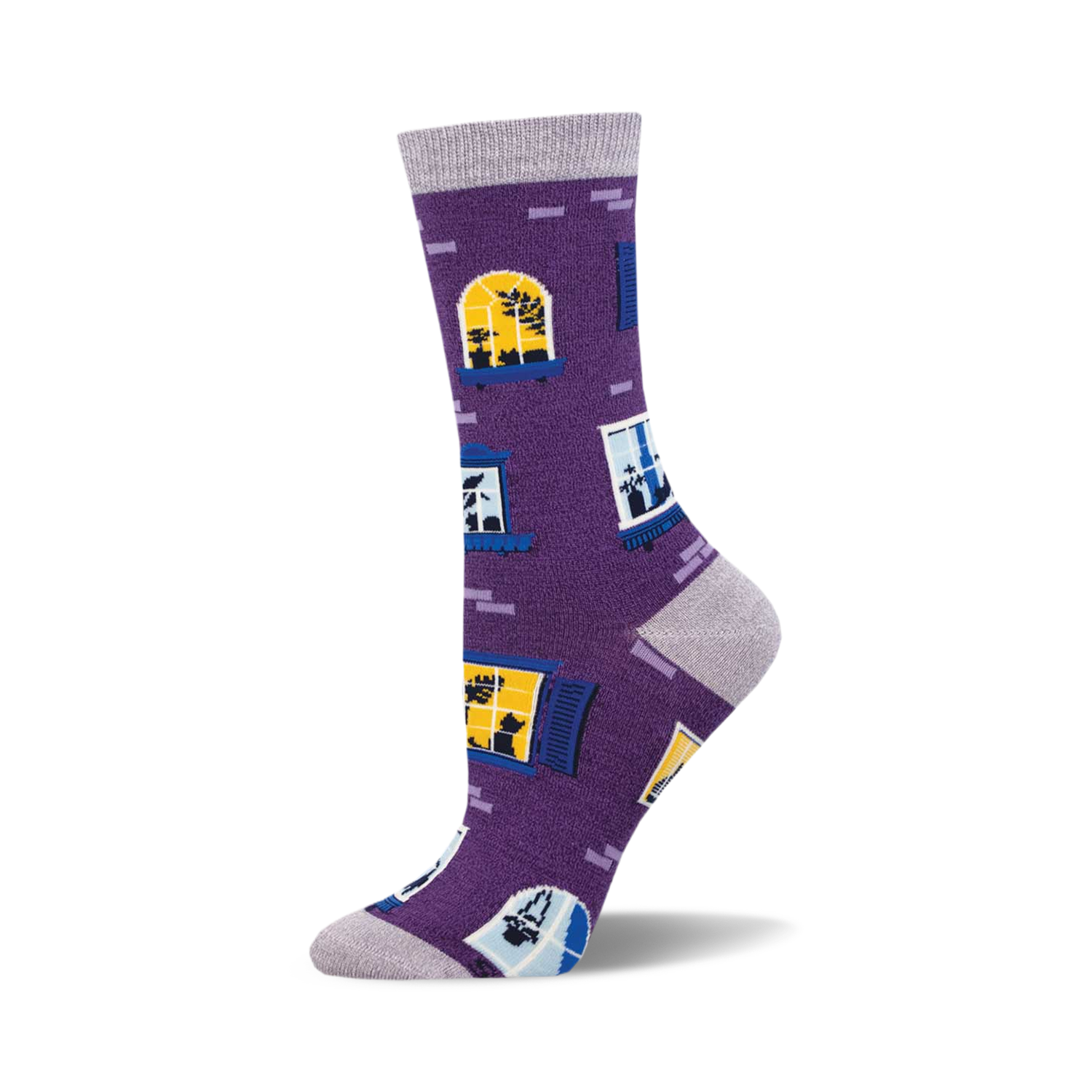 Purple crew socks with a repeating pattern of windows and silhouetted cats.  Yellow and blue accents. Made from bamboo.