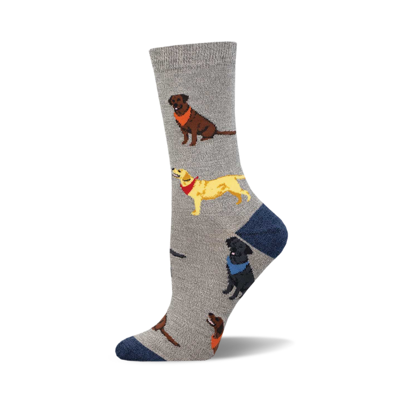 Grey crew socks with repeating images of chocolate, yellow, and black Labradors wearing bandanas.  The socks have a navy blue heel and toe.