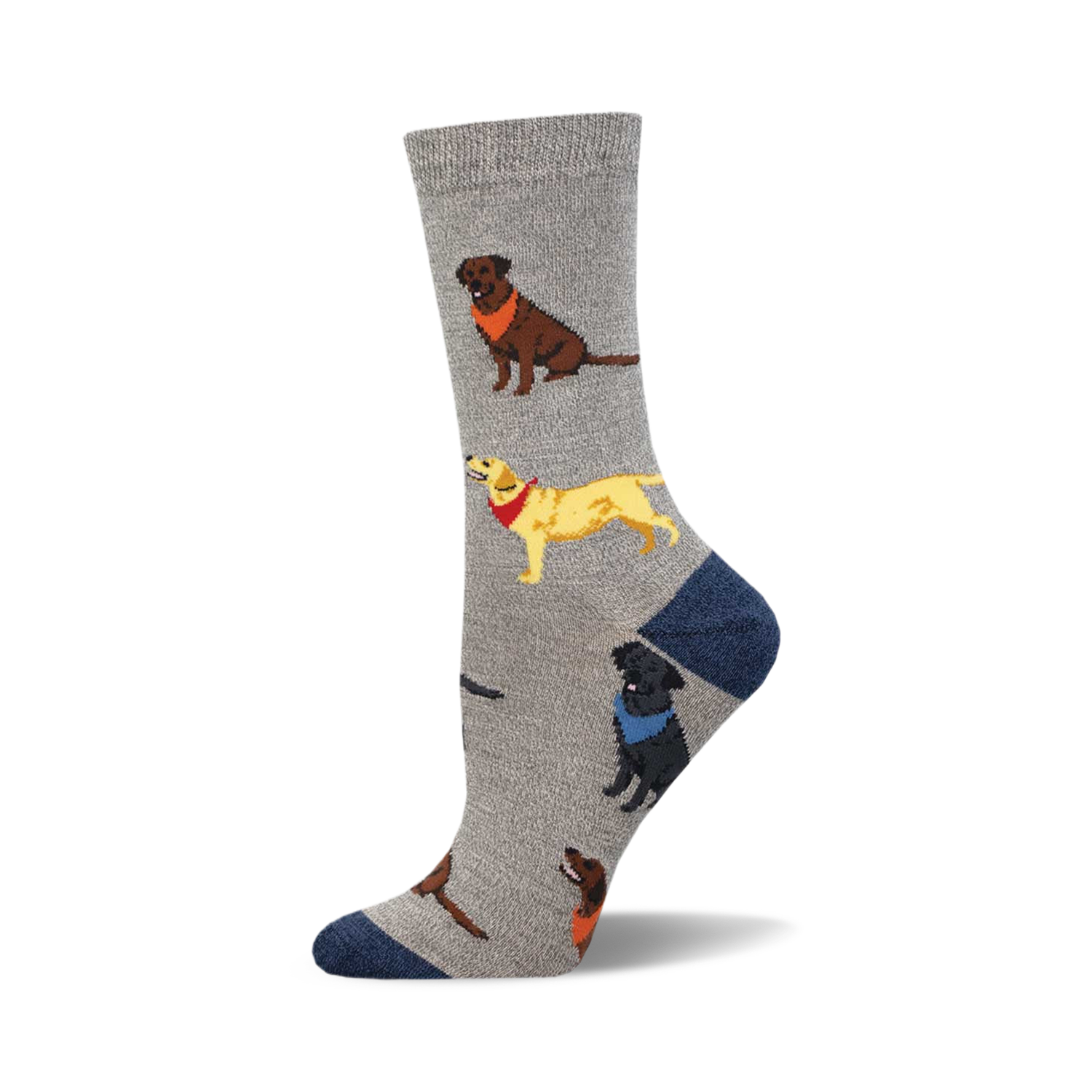 Grey crew socks with repeating images of chocolate, yellow, and black Labradors wearing bandanas.  The socks have a navy blue heel and toe.