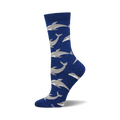 A single blue crew sock with a repeating pattern of light gray dolphins. Made of bamboo material.