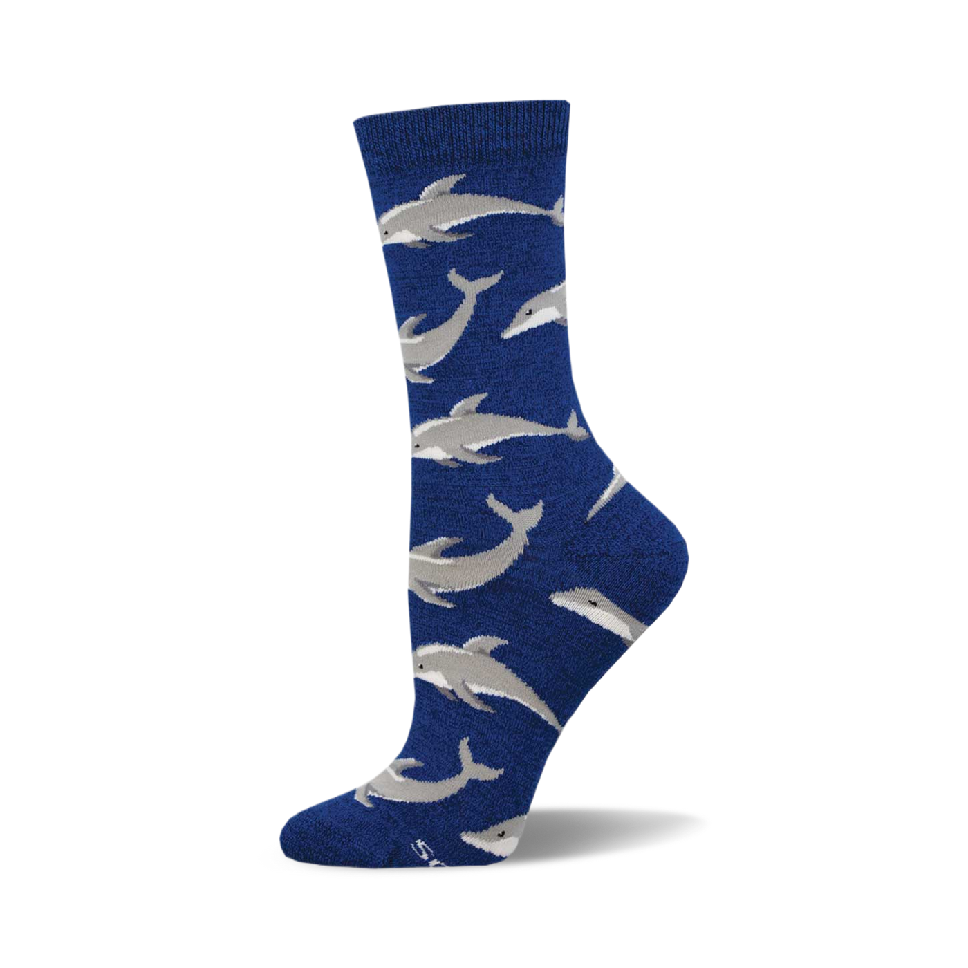 A single blue crew sock with a repeating pattern of light gray dolphins. Made of bamboo material.