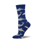 A single blue crew sock with a repeating pattern of light gray dolphins. Made of bamboo material.