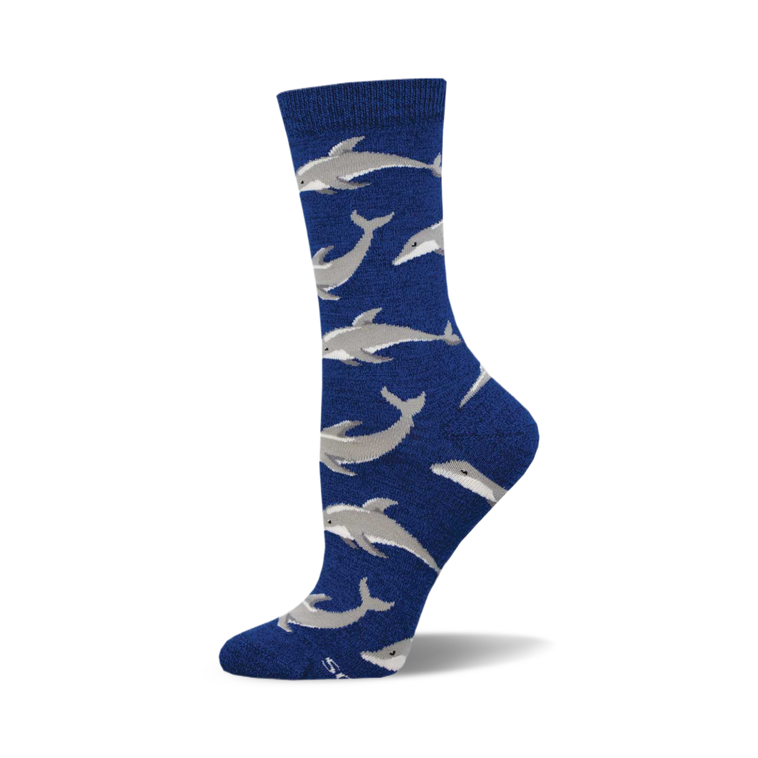 A single blue crew sock with a repeating pattern of light gray dolphins. Made of bamboo material.