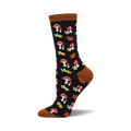 Black crew socks with red mushrooms, white flowers, and orange leaves on a dark background. Brown cuff detail. Bamboo material.