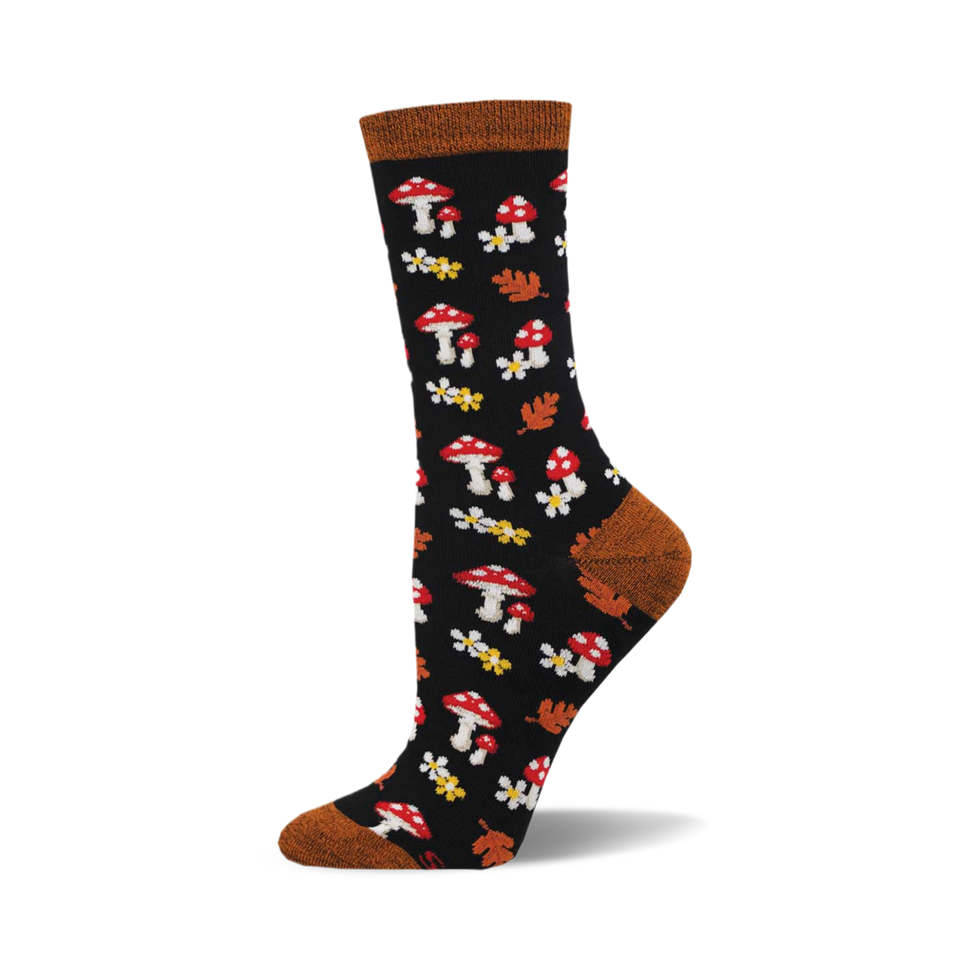 Black crew socks with red mushrooms, white flowers, and orange leaves on a dark background. Brown cuff detail. Bamboo material.