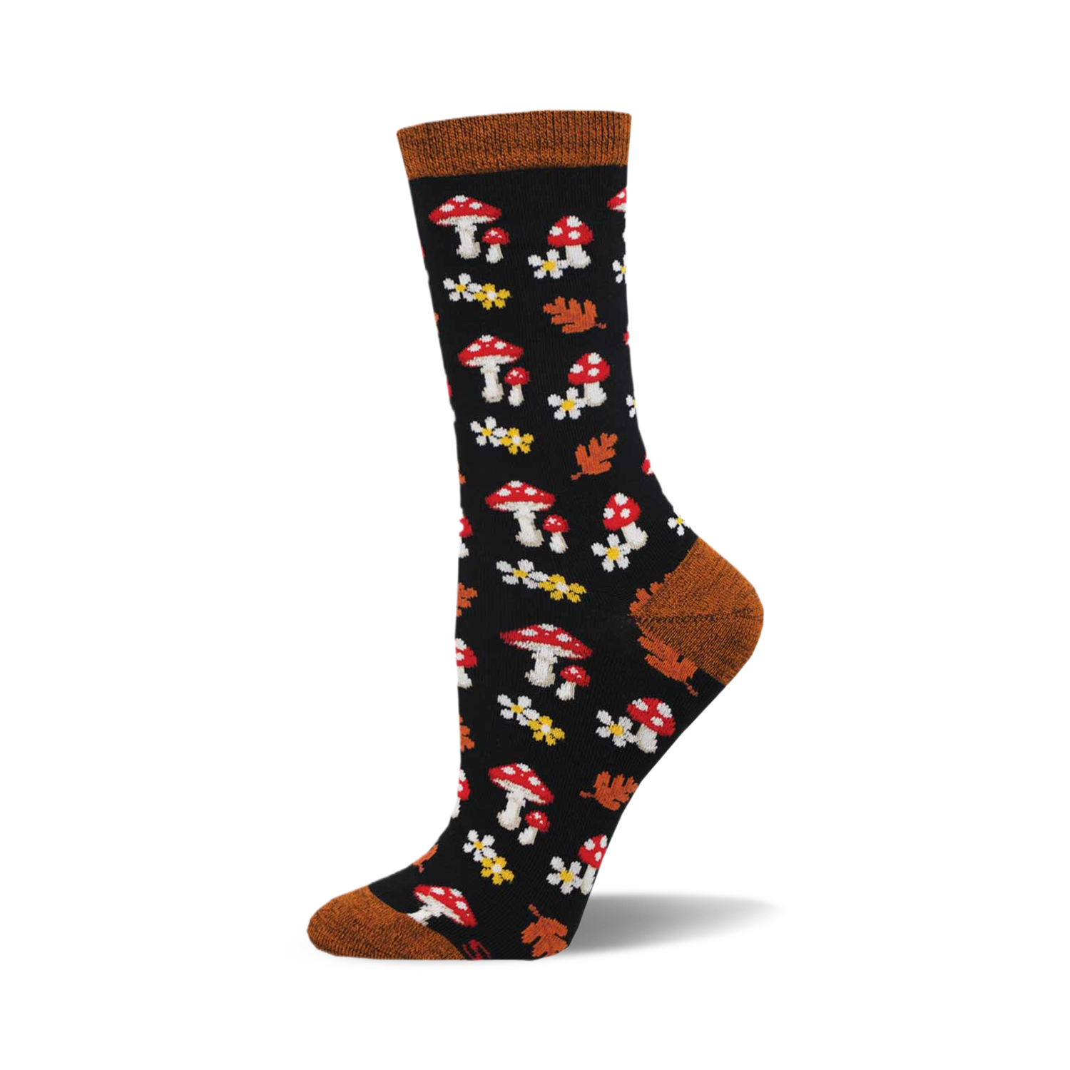 Black crew socks with red mushrooms, white flowers, and orange leaves on a dark background. Brown cuff detail. Bamboo material.
