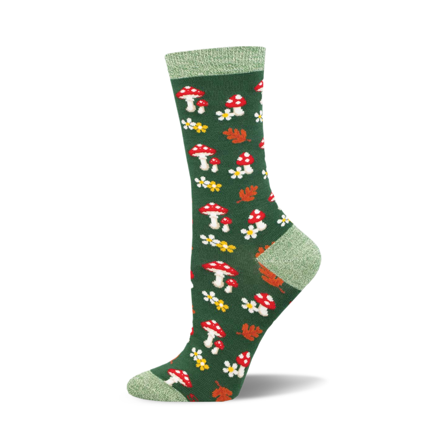 Green crew socks with red mushrooms, white flowers, and orange leaves.  Features a green cuff.