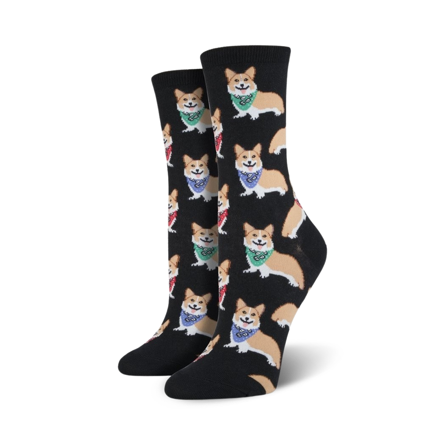 Pair of black crew socks with a repeating pattern of tan corgis wearing colorful bandanas.