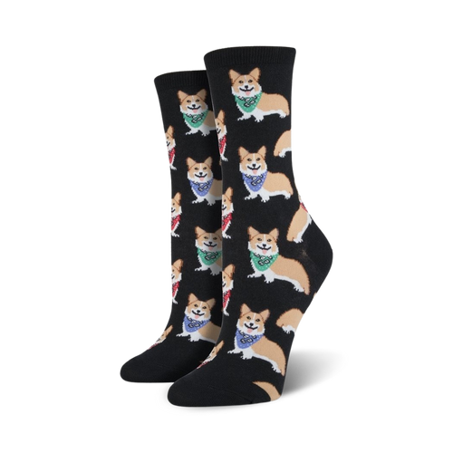Pair of black crew socks with a repeating pattern of tan corgis wearing colorful bandanas.
