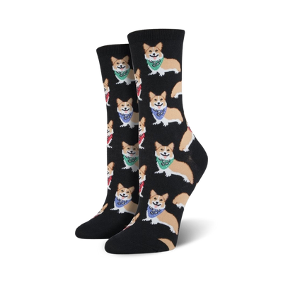 Pair of black crew socks with a repeating pattern of tan corgis wearing colorful bandanas.