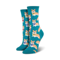 Lifestyle shot showing a person's feet wearing the teal Corgi socks.