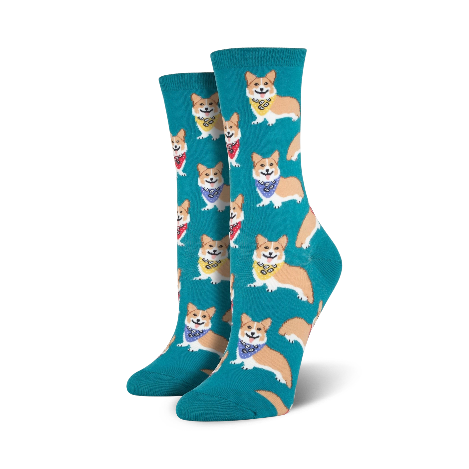 Lifestyle shot showing a person's feet wearing the teal Corgi socks.
