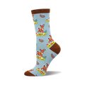 Crew socks in light blue with a repeating pattern of brown fawns, green leaves, and red mushrooms. Brown cuff detail.
