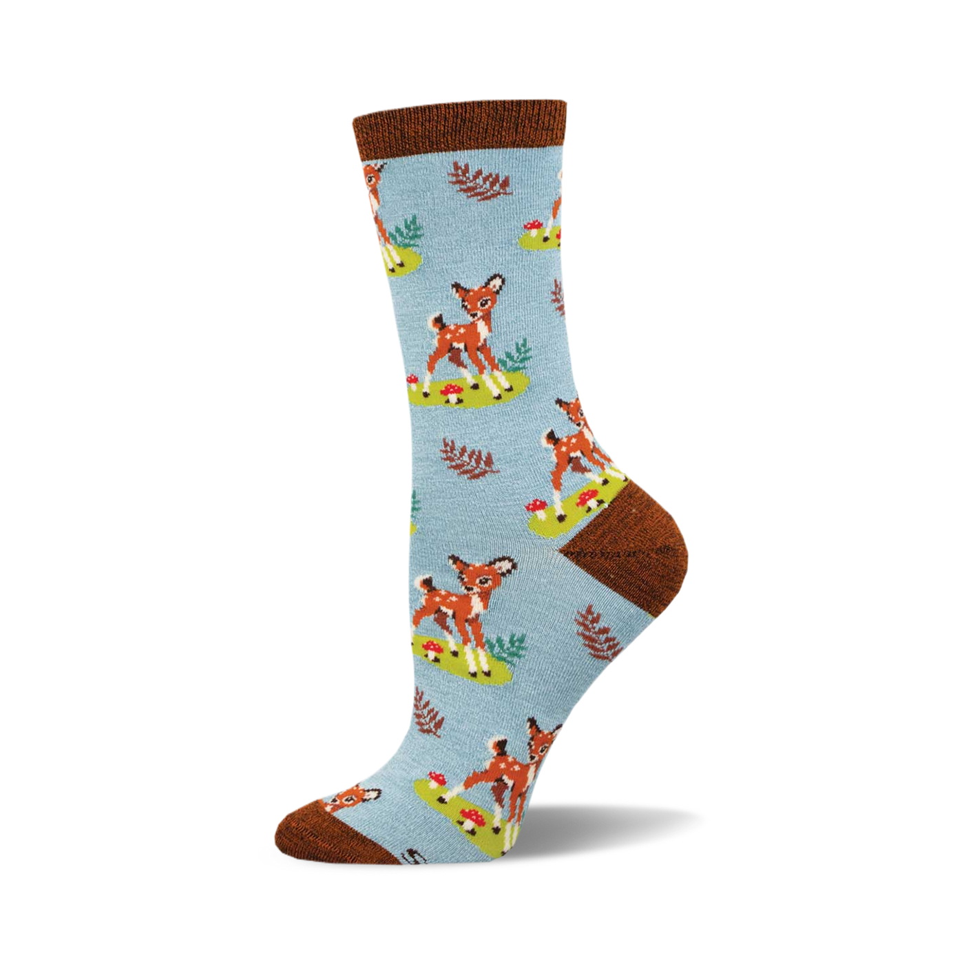 Crew socks in light blue with a repeating pattern of brown fawns, green leaves, and red mushrooms. Brown cuff detail.