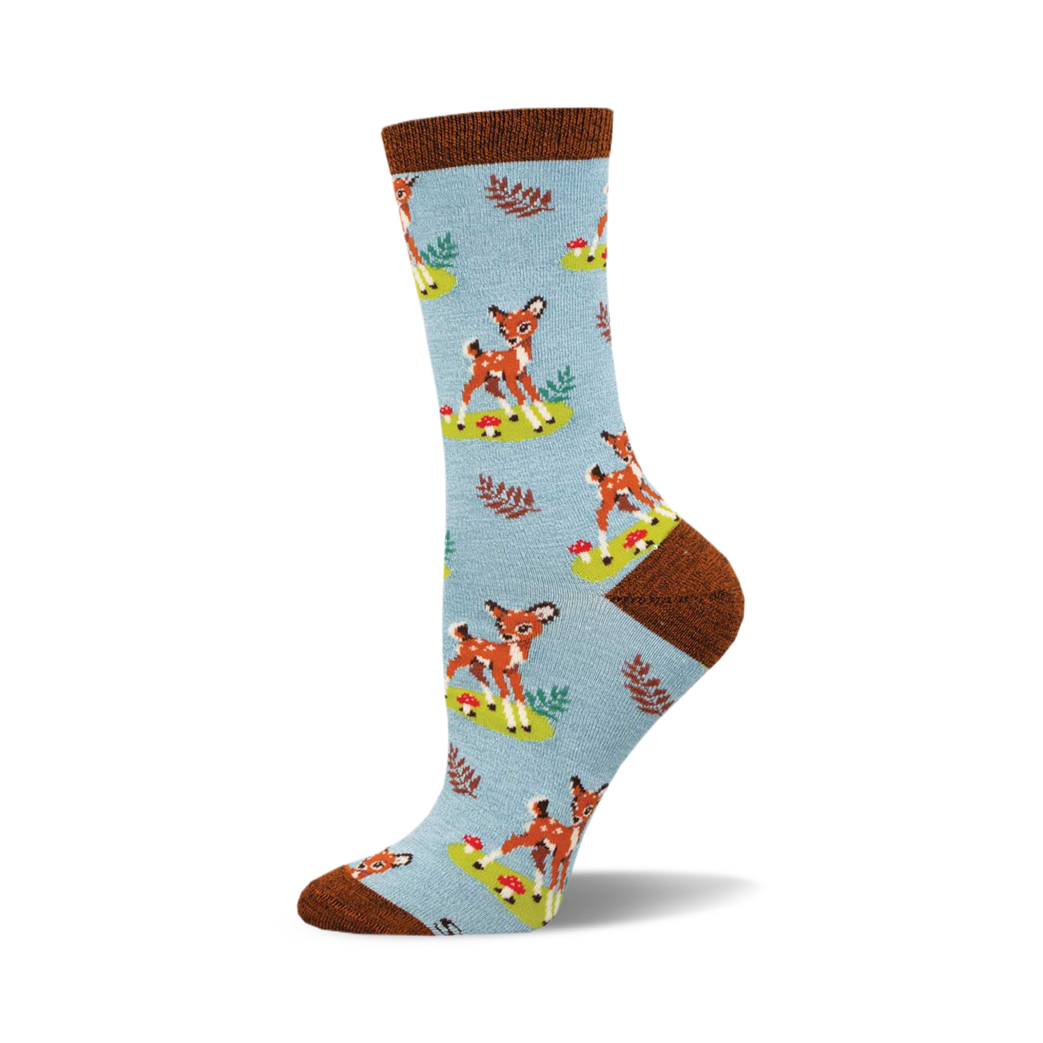 Crew socks in light blue with a repeating pattern of brown fawns, green leaves, and red mushrooms. Brown cuff detail.