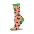 Crew socks in peach and green featuring a repeating pattern of red watermelon slices and whole watermelons.
