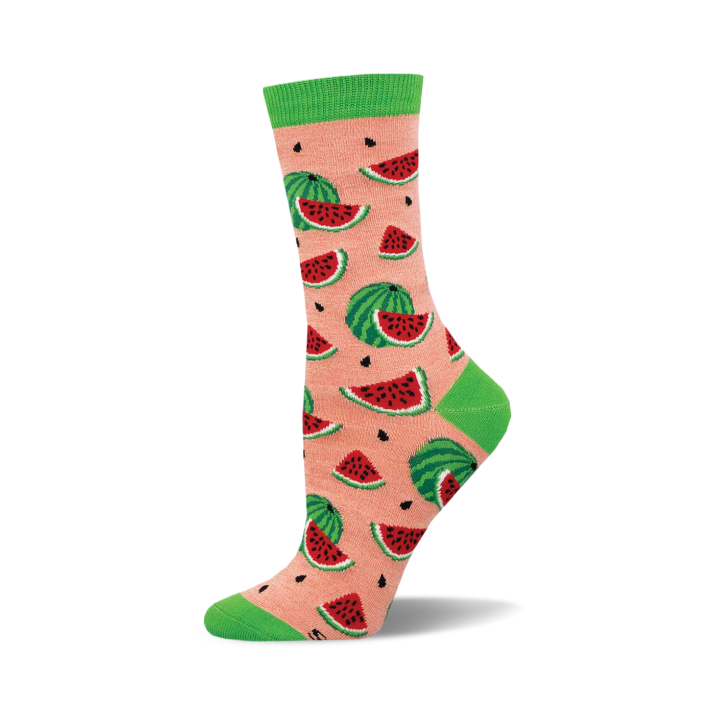 Crew socks in peach and green featuring a repeating pattern of red watermelon slices and whole watermelons.
