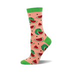 Crew socks in peach and green featuring a repeating pattern of red watermelon slices and whole watermelons.