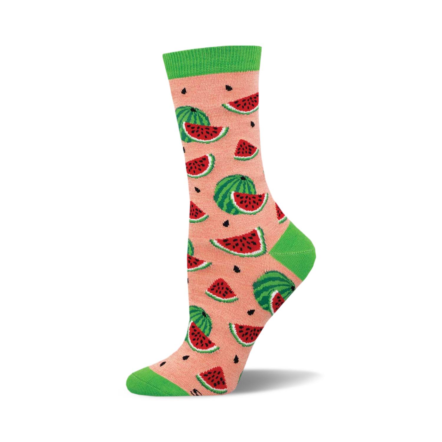 Crew socks in peach and green featuring a repeating pattern of red watermelon slices and whole watermelons.