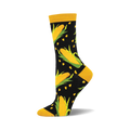 A-Maize-ing Bamboo socks: Black crew socks with yellow corn and kernels pattern.  Gold cuff.
