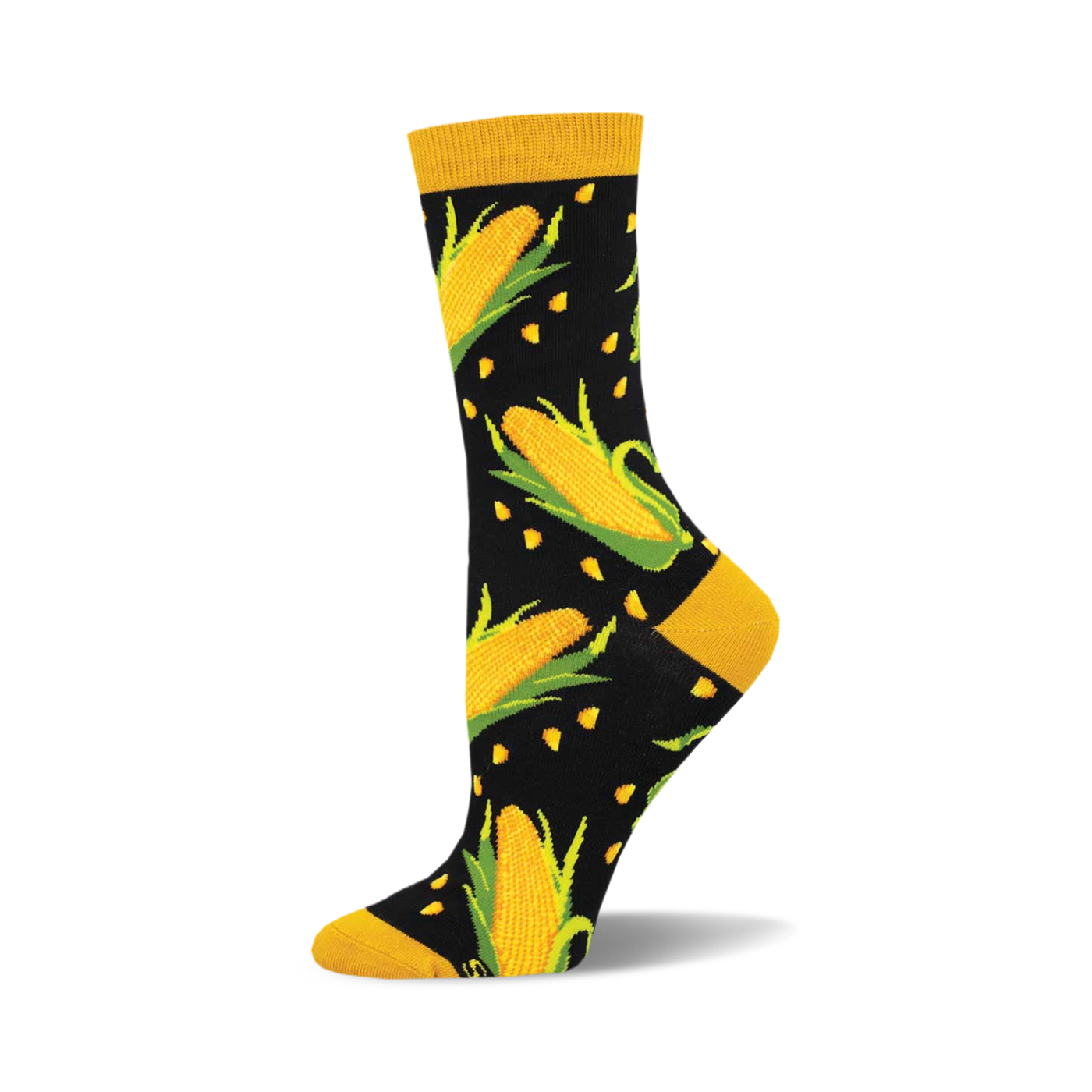 A-Maize-ing Bamboo socks: Black crew socks with yellow corn and kernels pattern.  Gold cuff.