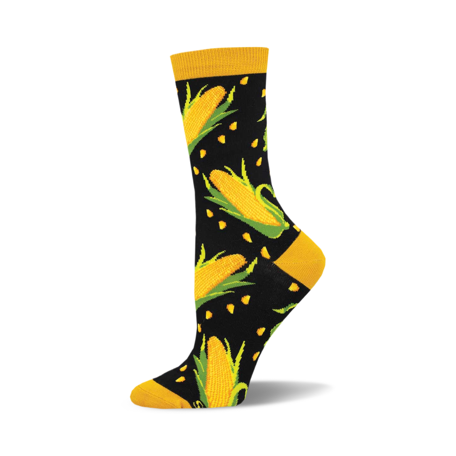 A-Maize-ing Bamboo socks: Black crew socks with yellow corn and kernels pattern.  Gold cuff.