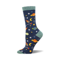 Crew socks in navy blue with colorful planets, stars, and shooting stars. Teal top cuff. Bamboo material.