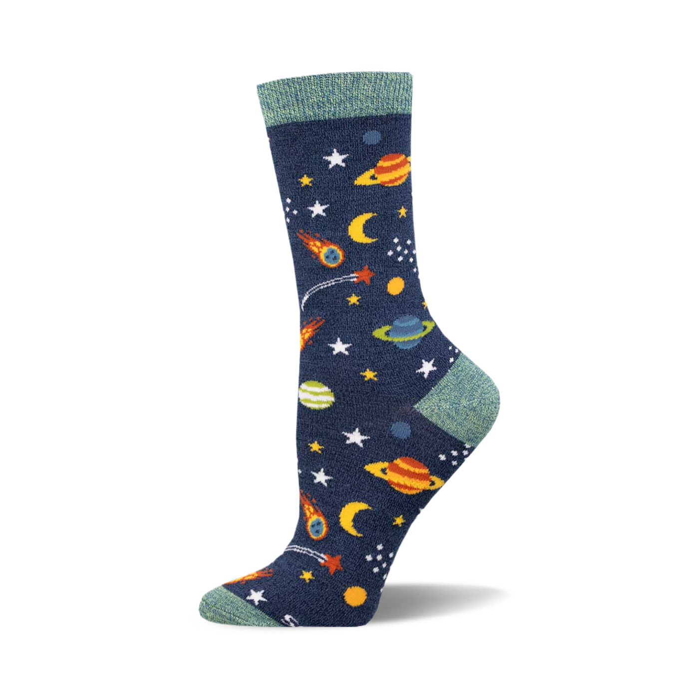 Crew socks in navy blue with colorful planets, stars, and shooting stars. Teal top cuff. Bamboo material.