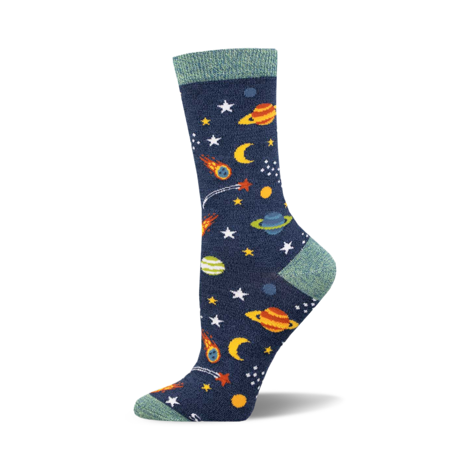Crew socks in navy blue with colorful planets, stars, and shooting stars. Teal top cuff. Bamboo material.