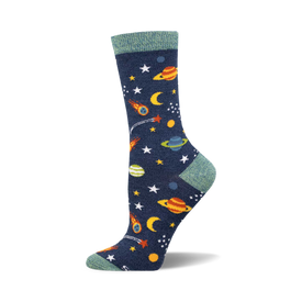 a blue sock with a pattern of planets, moons, stars, comets, and shooting stars.