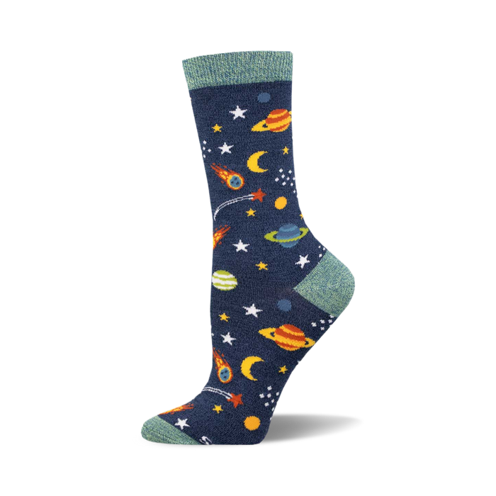 a blue sock with a pattern of planets, moons, stars, comets, and shooting stars. }}