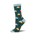 Crew socks in teal with a pattern of colorful umbrellas and raindrops. Soft bamboo material.  Fun and whimsical design.