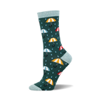 Crew socks in teal with a pattern of colorful umbrellas and raindrops. Soft bamboo material.  Fun and whimsical design.