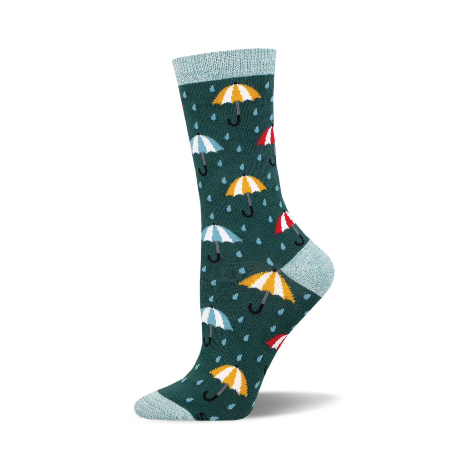 Crew socks in teal with a pattern of colorful umbrellas and raindrops. Soft bamboo material.  Fun and whimsical design.