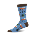 A single blue crew sock with a pattern of brown moose, pine trees, and moose tracks. Brown cuff.