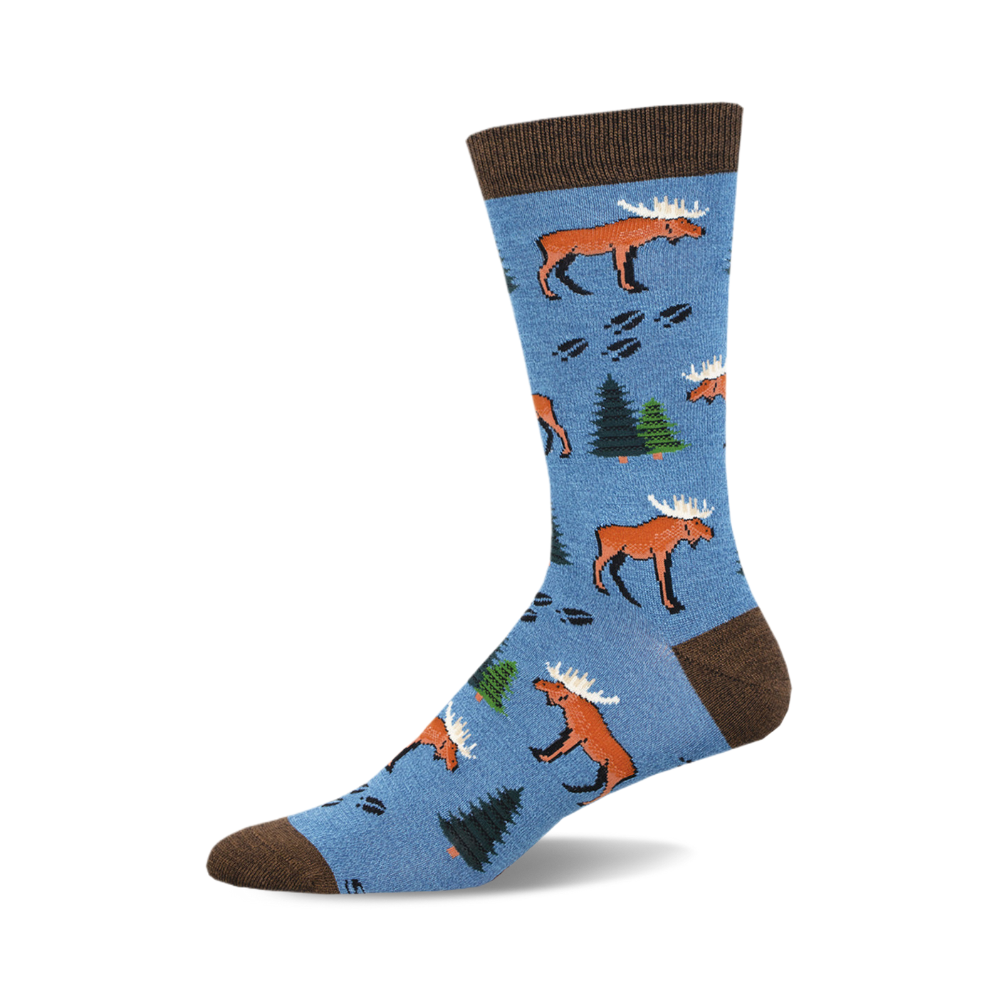 A single blue crew sock with a pattern of brown moose, pine trees, and moose tracks. Brown cuff.