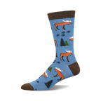 A single blue crew sock with a pattern of brown moose, pine trees, and moose tracks. Brown cuff.
