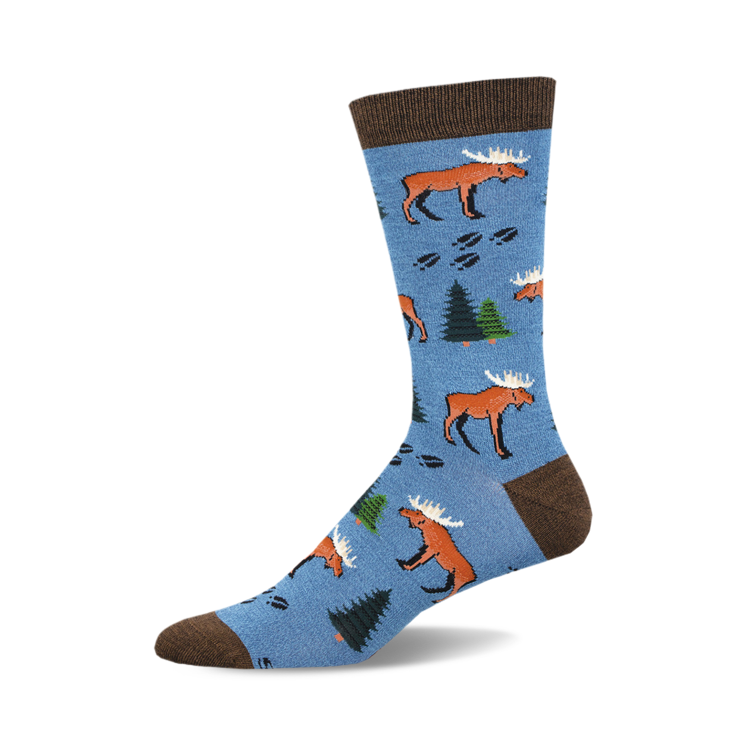 A single blue crew sock with a pattern of brown moose, pine trees, and moose tracks. Brown cuff.