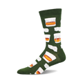 Green crew socks with a repeating pattern of whiskey glasses in white and orange. Made from bamboo.