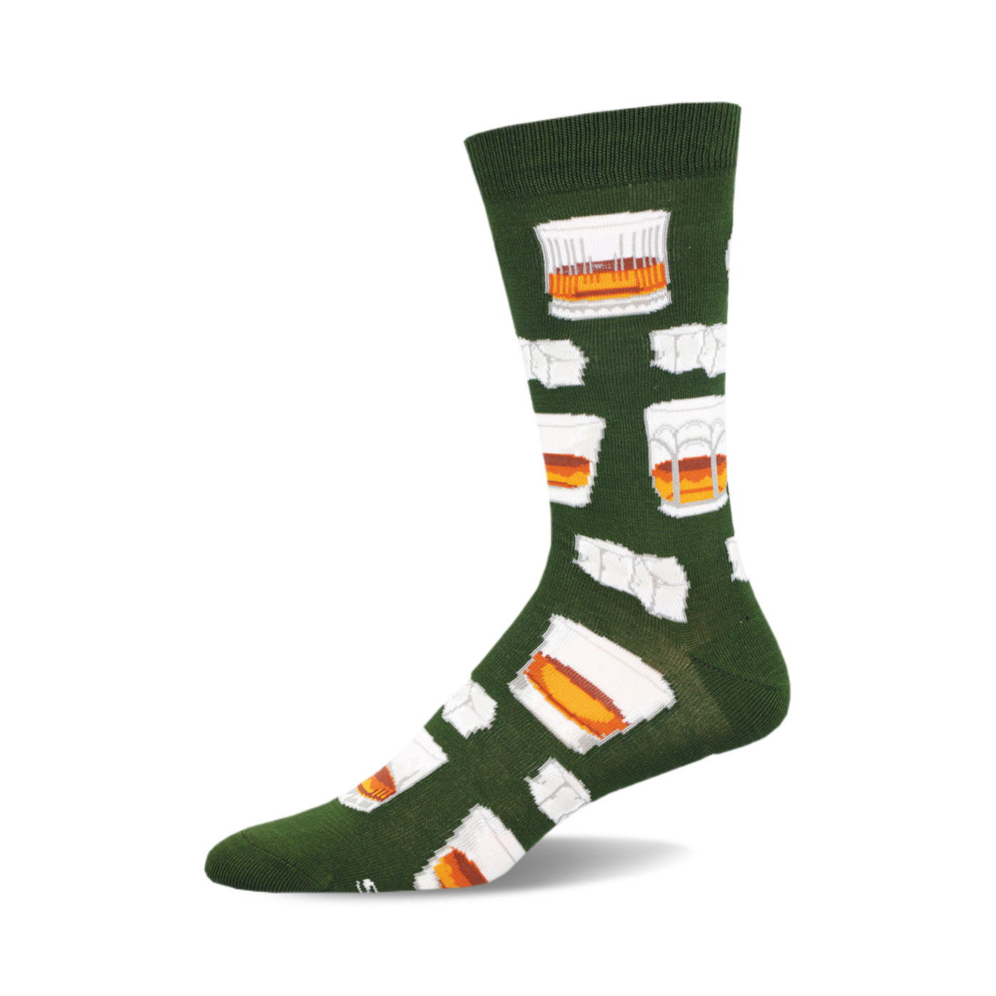 Green crew socks with a repeating pattern of whiskey glasses in white and orange. Made from bamboo.