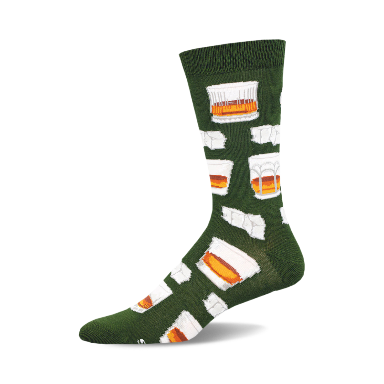 Green crew socks with a repeating pattern of whiskey glasses in white and orange. Made from bamboo.