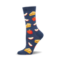 A single navy blue crew sock showcasing an all-over pattern of apple pie slices and red apples. Made from bamboo.