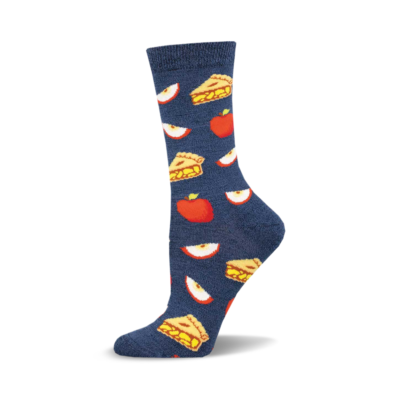 A single navy blue crew sock showcasing an all-over pattern of apple pie slices and red apples. Made from bamboo.