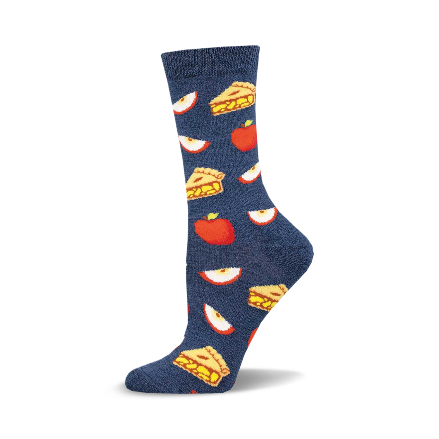 A single navy blue crew sock showcasing an all-over pattern of apple pie slices and red apples. Made from bamboo.