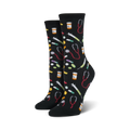 Pair of crew socks in black and blue; colorful pills, syringes, and stethoscopes are playfully scattered across the design.